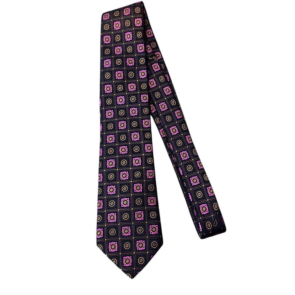 Ted Baker London Men's Silk Necktie Magenta Purple Gold Medallions Made In USA